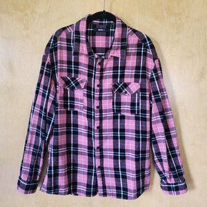 Flannel Button Down Shirt Pink & Black Plaid Size Large